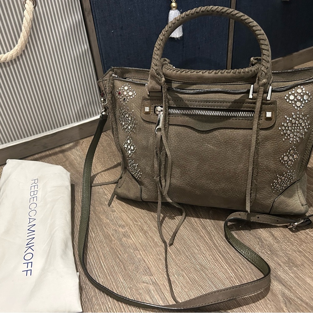 Rebecca Minkoff Olive Green Boho Silver Studded Satchel with adjustable strap